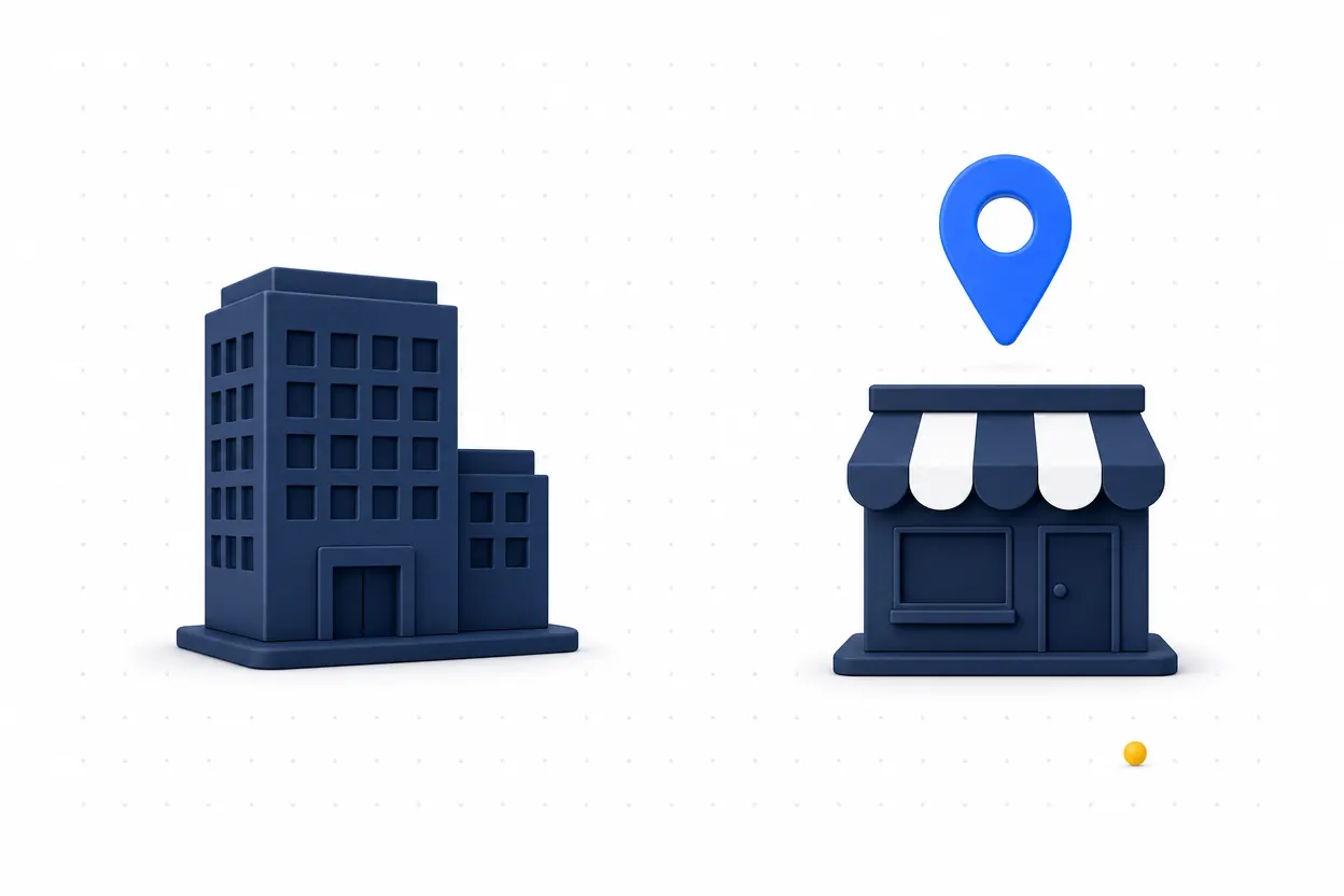 A simple corporate building beside a local storefront with a blue location pin