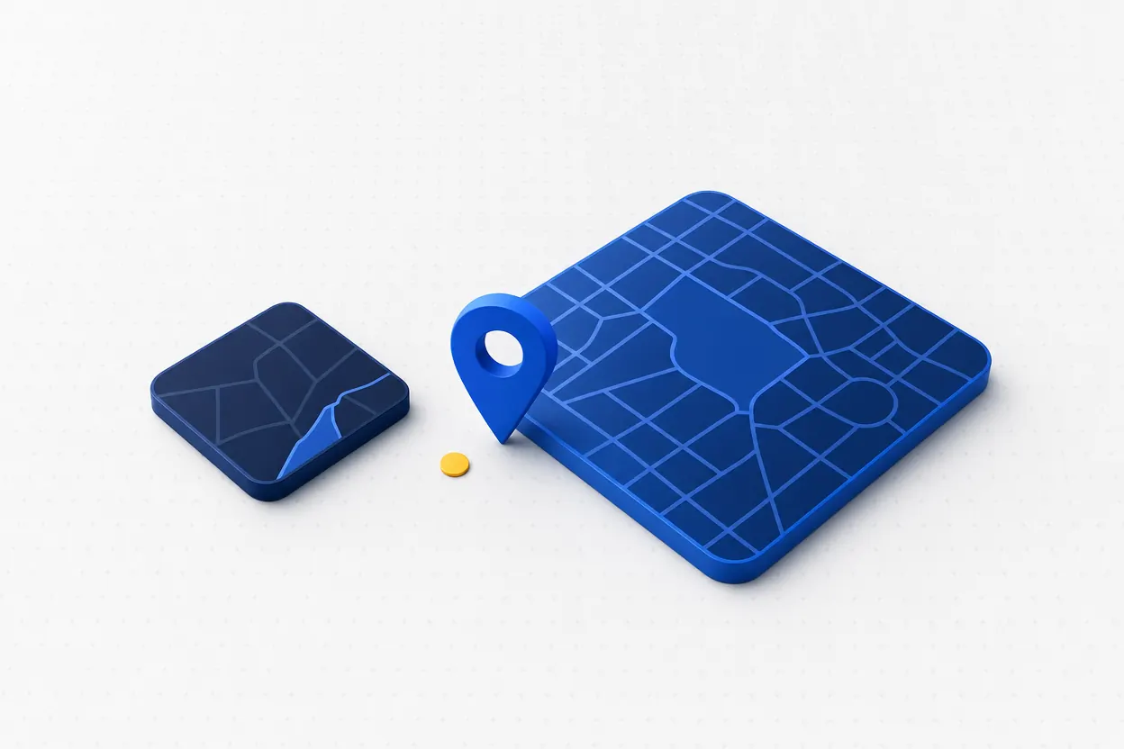 A small dim map tile beside a larger bright map tile with a blue location pin