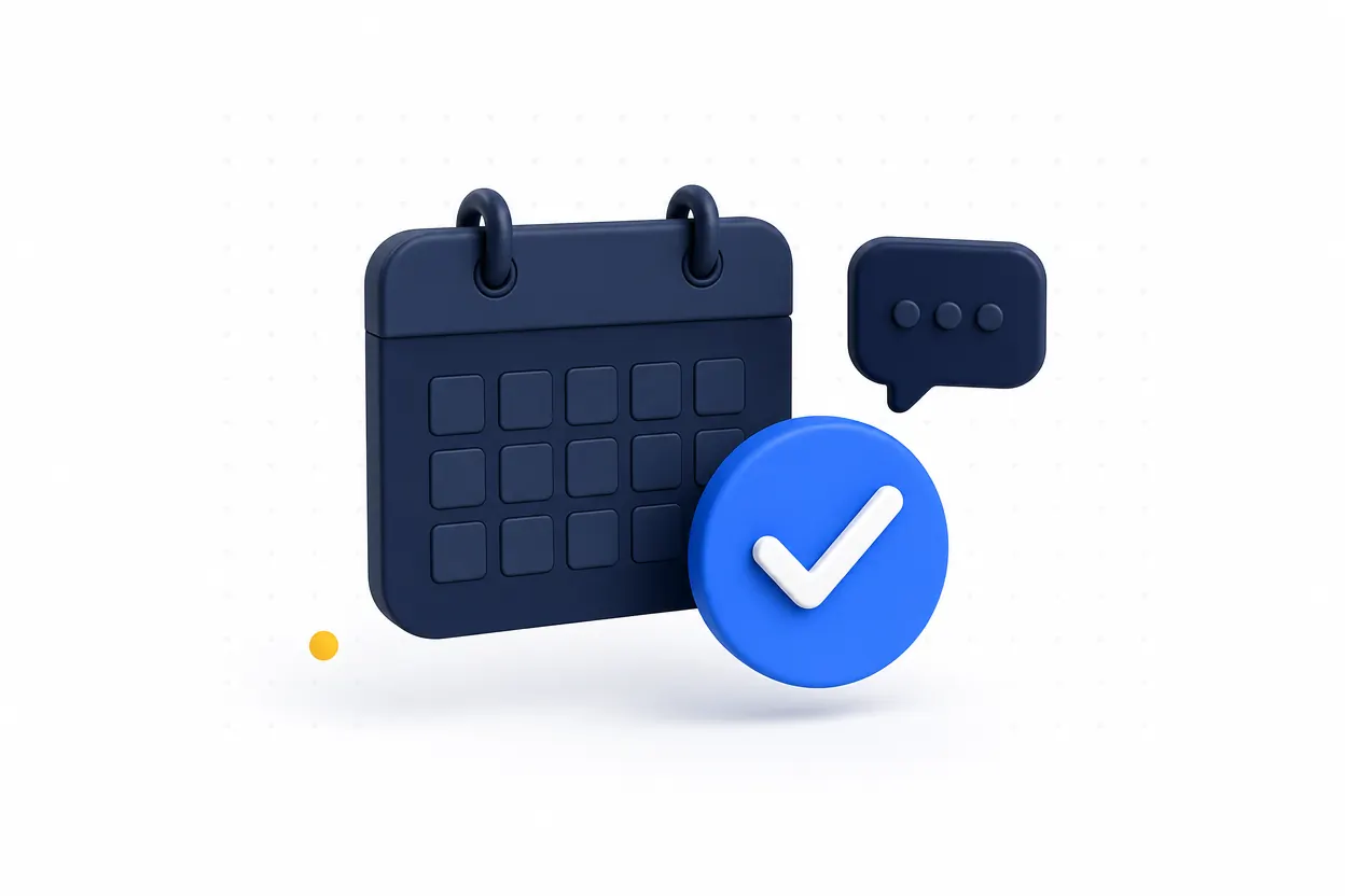 A simple calendar tile with a blue checkmark and message bubble