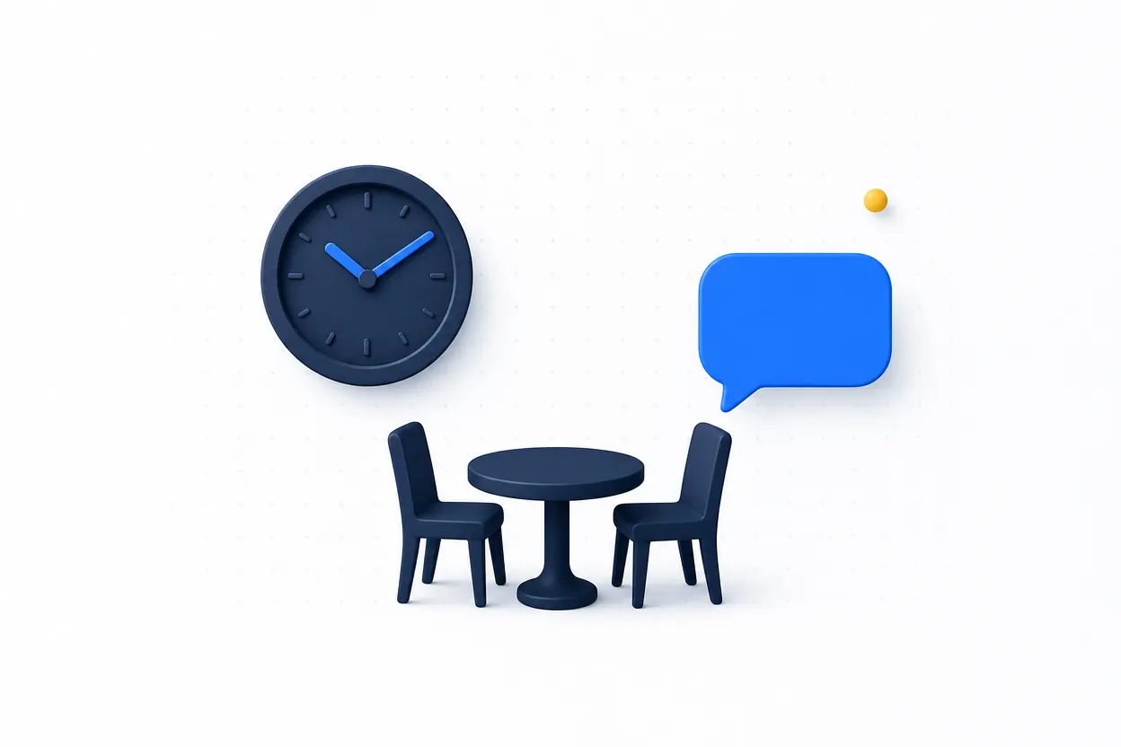 A clock, restaurant table, and message bubble for off-peak outreach