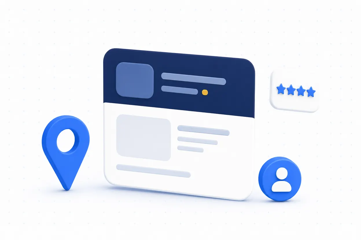 A structured local business record card with map, star, and contact icons